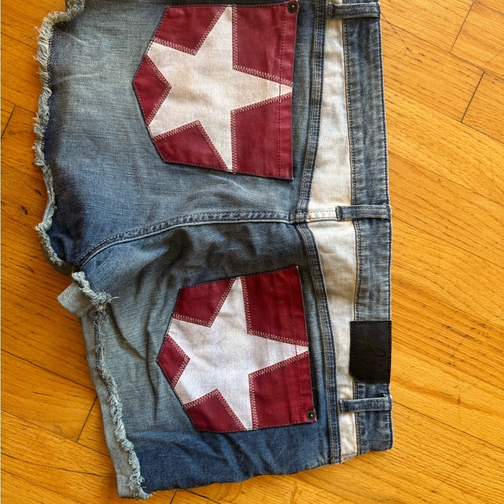 Denim Jean Shorts with Red Star Patch Back Pockets